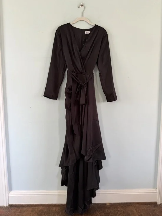 NWT Mooyius Ruffle Draped Satin Black High Low Formal Maxi Dress - Picture 3 of 6